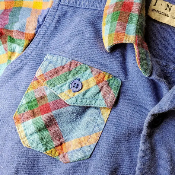 INC Boys Blue and Rainbow Plaid Button Down Shirt Size 12m 100% Cotton - Picture 3 of 9